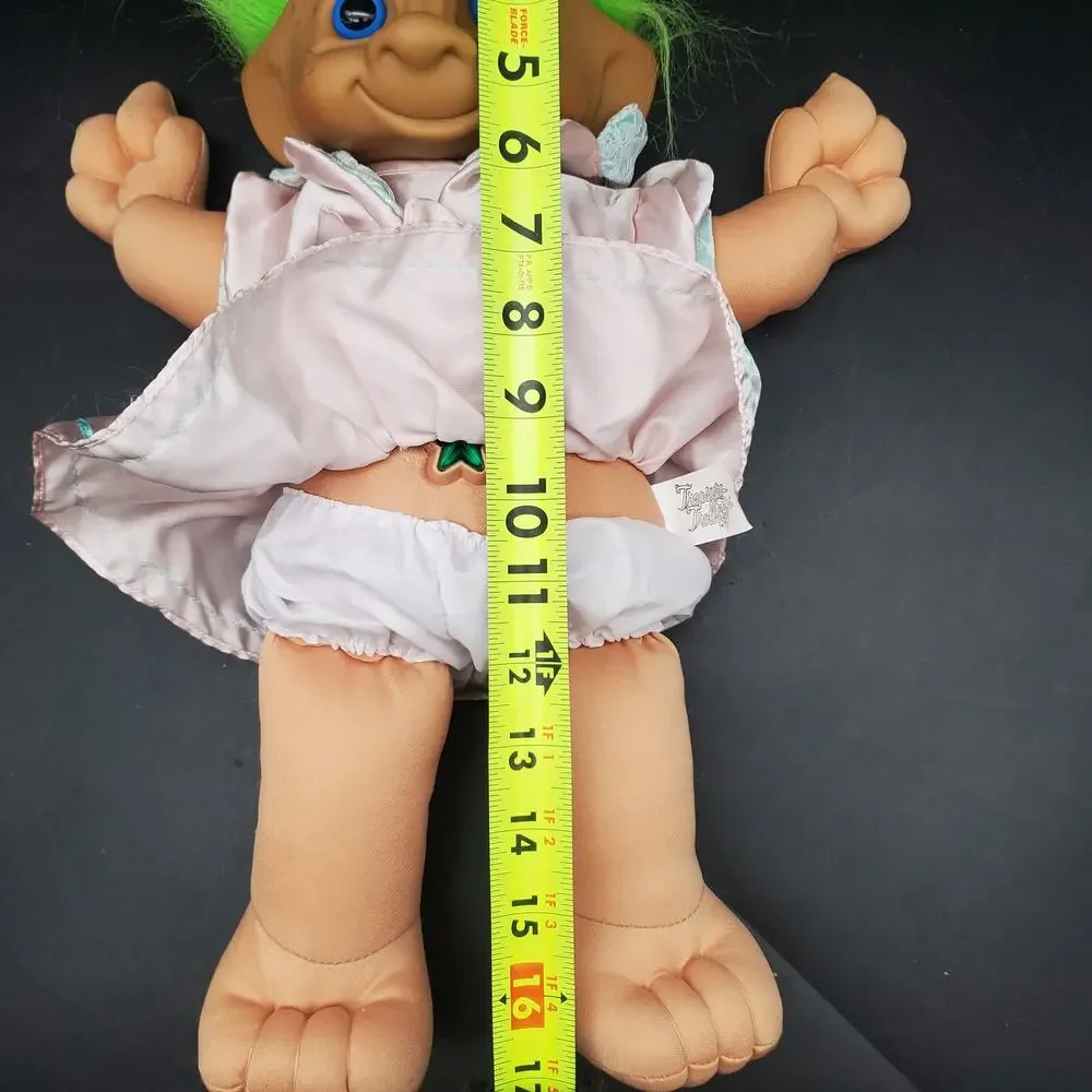 Russ Troll Doll Green Hair Pink Satin Dress Plush Body Heart Gem 16